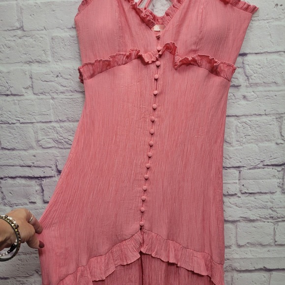 Luxxel Pink Front Slit Maxi Dress M CrissCross Spaghetti Straps Tiered Boho - Picture 4 of 9